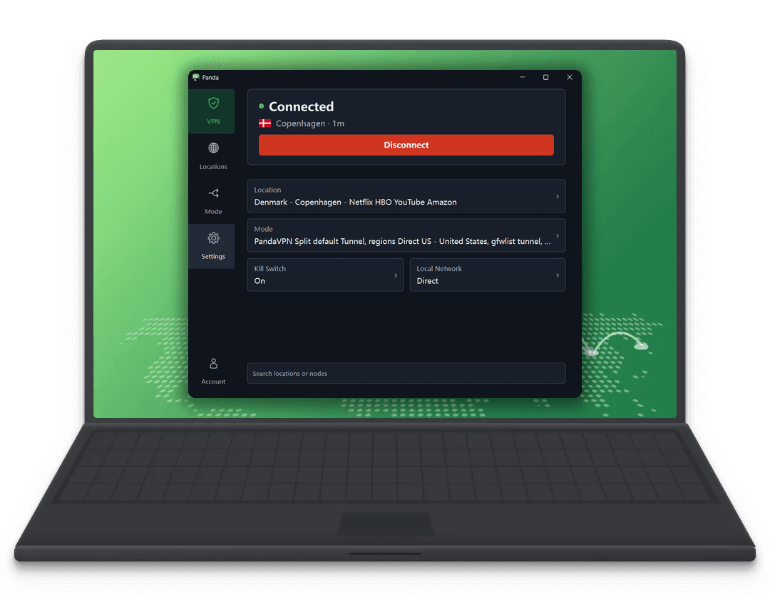 PandaVPN Windows x64 客户端界面与品牌视觉